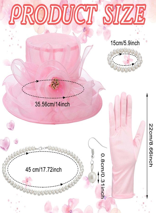 Aurelema 5 Pcs Derby Fascinator Hat Gloves Set for Women Tea Party with Pearl Necklace Bracelet and Earring(Pink,Satin) - Image 2